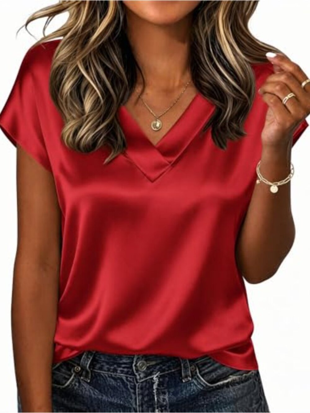 Satin V-Neck Short Sleeve Blouse Business Casual Work Top